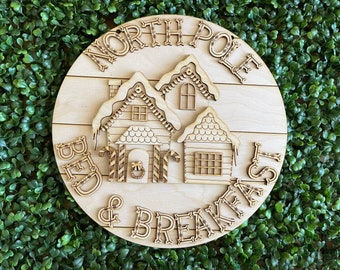 Christmas DIY wood sign - North Pole Bed and Breakfast unfinished cut out door hanger wall decor craft supply sign kit blanks round wreath