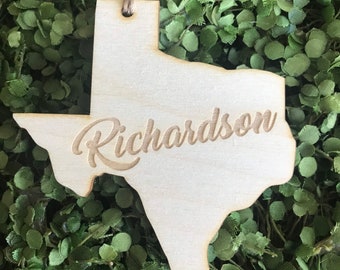 Richardson Texas Tag Ornament - City hometown TX souvenir keepsake memory state 2020 wood laser engraved skyline welcome gift home