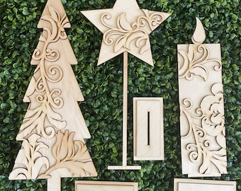 Christmas Flourish DIY standing decor set of 3 -  floral Shelf Sitter tiered tray vignette wood sign vintage rustic flourish floral