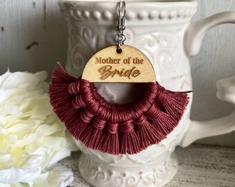 Mother of the Bride Fringe Earrings - White dangle statement wood favor gift hoop boho tassel wedding party team bachelorette bride