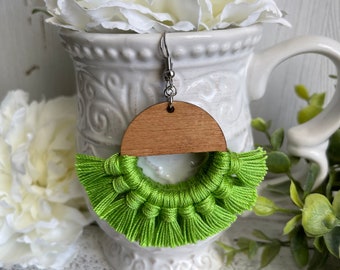 Green Fringe Earrings - dangle statement wood favor gift hoop boho leaf lime light pastel