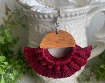 Maroon Fringe Earrings - wine burgundy dangle statement wood favor gift hoop boho oak stain sports team spirit mom fan