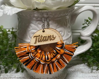 Titans earrings - custom dangle statement fringe wood High School Pop Warner Flag Sports