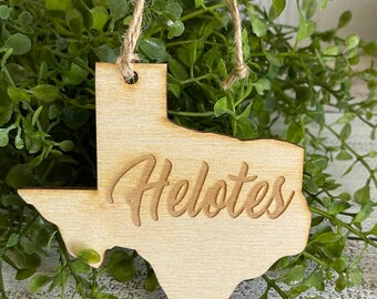 Helotes Texas Tag Ornament - City hometown TX souvenir keepsake memory state wood laser engraved skyline welcome gift home small town