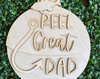 Father’s Day DIY wood sign - Reel Great Dad unfinished cut out door hanger wall decor craft supply sign kit blanks round wreath sign