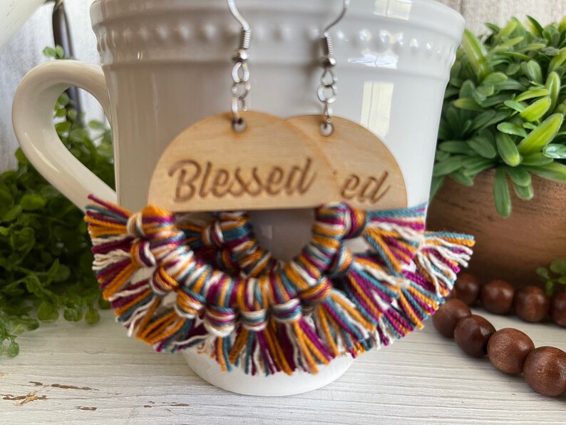 Blessed Fringe Earrings dangle statement wood favor gift hoop boho image 1