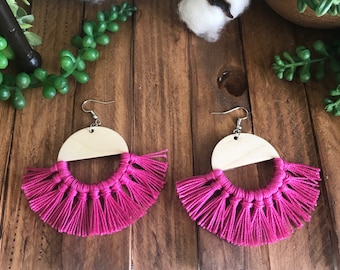 Hot Pink Fringe Earrings - dangle statement wood favor gift hoop boho sports team spirit mom fan