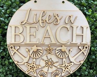 Beach DIY wood sign - Life’s a beach unfinished cut out door hanger wall decor craft supply sign kit blanks round wreath