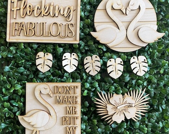 Flamingo DIY wood tiered tray set- unfinished cut out door hanger wall decor craft supply sign kit blanks wreath sign tropical coastal
