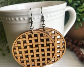 Geometric earrings natural wood - dangle statement wood natural boho minimalist country rustic basket weave