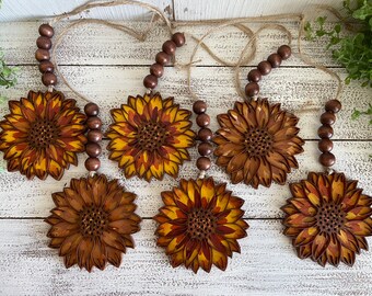 Sunflower tag ornament car charm tassel - Tiered tray decor gift present mother daughter friend floral fall autumn shabby chic