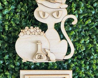 DIY Black Cat Shelf Sitter - Halloween tiered tray vignette wood sign whimsy October spider web kettle poison rat table top