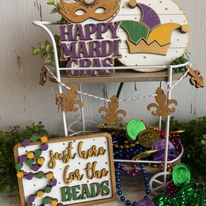 Mardi Gras tiered tray set - green yellow purple modern home decor tabletop shelf sitter cake parade gold vignette centerpiece