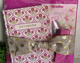 Pink floral Gift Set - memo board, notebook, peach mask, wooden clip - Dorm decor college going away present care package back to school
