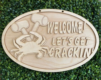 Crab DIY wood sign - Lets get crackin Welcome Shack Saltwater unfinished cut out door hanger wall decor craft supply kit blanks