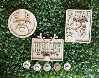 Christmas DIY wood tiered tray set- Rudolph Santa unfinished cut out door hanger wall decor craft supply sign kit blanks wreath sign