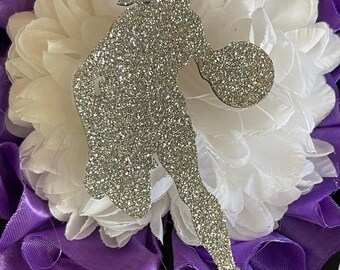 Basketball wood cutouts - female glitter version 4 inch high school homecoming mum senior gift favor event banquet player team spirit dribbl