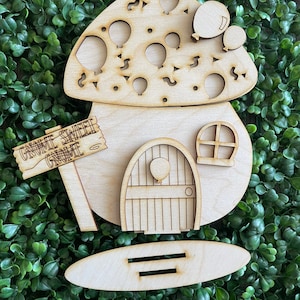 Casa de hongos DIY estante de madera niñera - Cumpleaños de pie sin terminar recortado decoración del hogar artesanía suministro signo kit en blanco signo gnomo