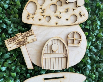 Mushroom house DIY wood shelf sitter - Birthday standing unfinished cut out home decor craft supply sign kit blanks sign gnome