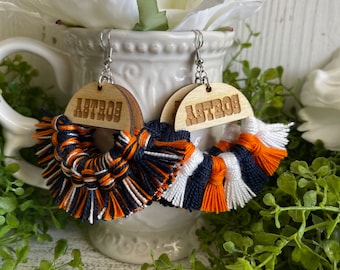 Astros earrings - dangle statement fringe wood High School Pop Warner Flag sports handmade jewelry