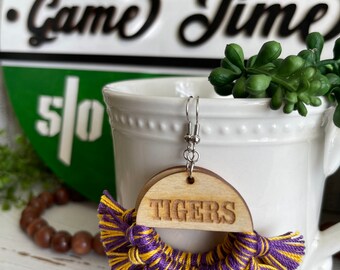 Tigers earrings - dangle statement fringe wood High School Pop Warner Flag Sports