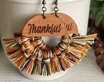 Thankful Fringe Earrings - dangle statement wood favor gift hoop boho wine navy cream off white burnt orange green sage y’all Texas southern