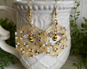 Bee Earrings - dangle statement unique hive honeybee honeycomb bumblebee