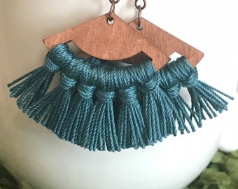 Fringe Earrings - dangle statement wood favor gift hoop boho