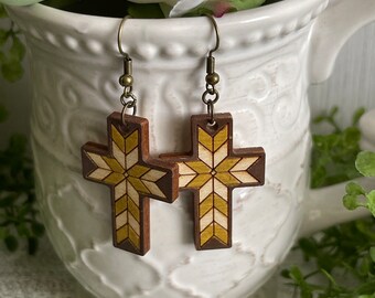 Cross earrings - quilt dangle statement wood natural boho minimalist country aged faith religious