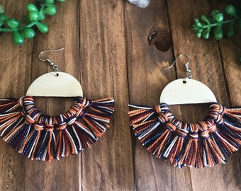 Fall Fringe Earrings - dangle statement wood favor gift hoop boho wine navy cream off white burnt orange