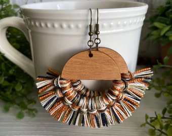 Fall Fringe Earrings - dangle statement wood favor gift hoop boho navy cream off white burnt orange green sage
