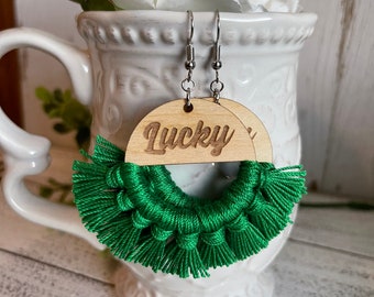 Lucky Fringe Earrings - green dangle statement wood favor gift hoop boho shamrock St Patrick’s Luck