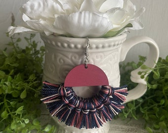Fringe Earrings - multi color dangle statement wood favor gift hoop boho pink mauve