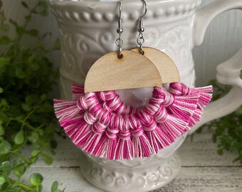 Fringe Earrings - pink multi color dangle statement wood favor gift hoop boho pink hot light