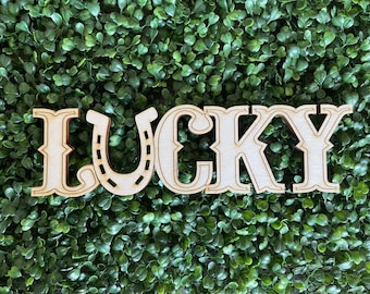 St. Patrick's Day DIY wood sign -  Lucky standing shelf sitter unfinished cut out door hanger wall decor craft supply sign kit blanks luck