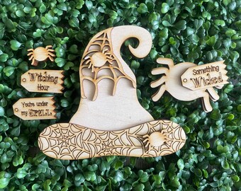 DIY Witches Hat Shelf Sitter - Halloween tiered tray vignette wood sign whimsy October spider web
