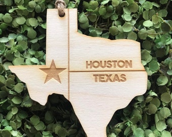Houston Texas Tag Ornament - City hometown TX souvenir keepsake memory state 2022 wood laser engraved welcome gift home