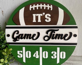 It’s Game Time wood sign - football door hanger wall decor shelf sitter craft supply round wreath sign