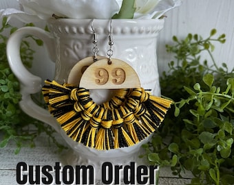 Custom Fringe earrings - Player Number dangle statement wooden football team spirit jewelry high school college tassel lightweight mom