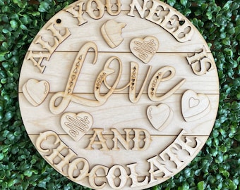 Valentine DIY wood sign - Love and Chocolate unfinished cut out door hanger wall decor craft supply kit blanks round wreath sign