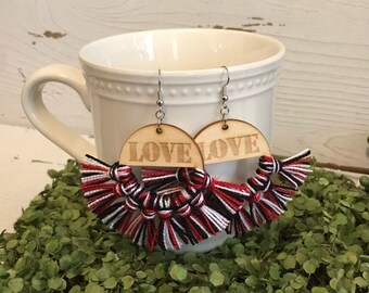 Love Fringe Earrings red white black - dangle statement wood favor gift hoop boho love kisses valentine sexy