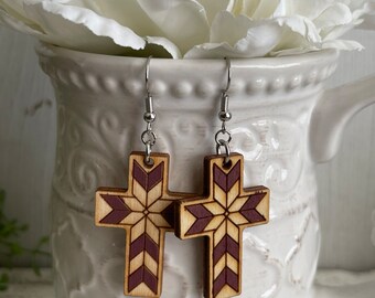 Cross earrings - quilt dangle statement wood natural boho minimalist country aged