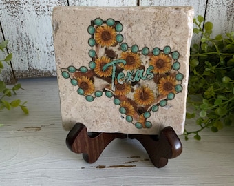 Texas Coaster - sunflower turquoise home decor Cowboy pride farmhouse western state texan lone star state longhorn aqua