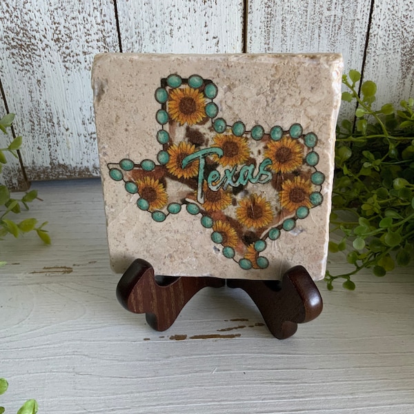 Texas Coaster - sunflower turquoise home decor Cowboy pride farmhouse western state texan lone star state longhorn aqua