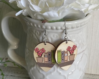 Book shelf earrings - Reading chapter book lover Wood dangle statement hand painted one more chapter gift present friend favor