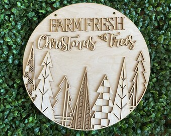 DIY wood sign - Christmas Farm Fresh Trees unfinished cut out door hanger wall decor craft supply sign kit blanks round wreath sign