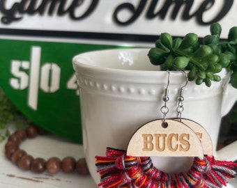 Bucs earrings - dangle statement fringe wood High School football team spirit jewelry little league