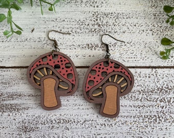 Mushroom Statement Dangle Earrings - Rattan boho minimalist