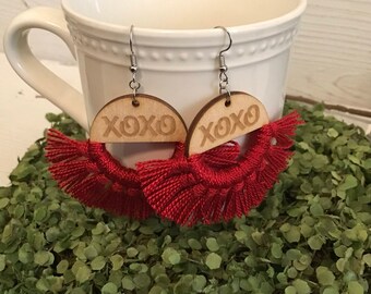 Red XOXO Fringe Earrings - dangle statement wood favor gift hoop boho love kisses valentine sexy