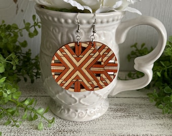 Burnt Orange quilt earrings - dangle statement wood rust cinnamon russet terra cotta